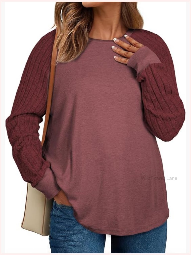 Plus Size Long Sleeve Crewneck Tunic Tee Loose Fit Raglan Shirt